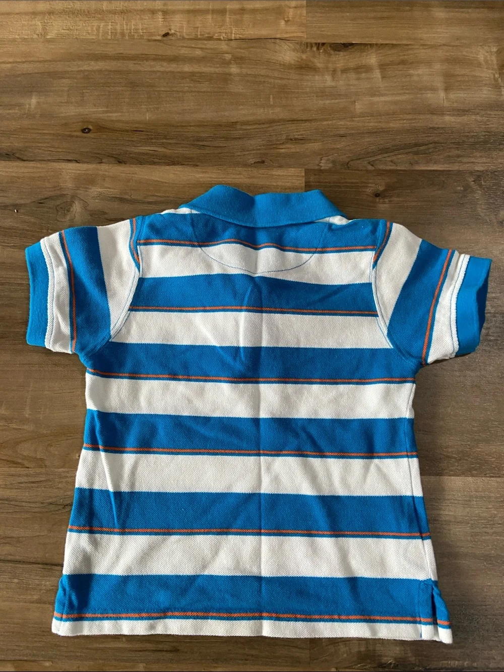 Blue & White Striped Polo with Orange Shorts
